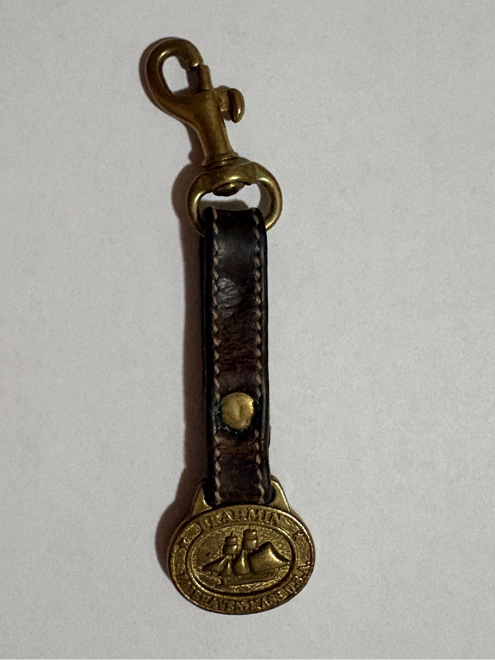 Vintage Brahmin Brown Leather Bag Charm with Brass Medallion